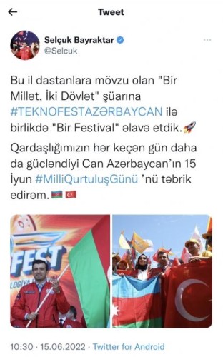 Selçuk Bayraktar Azərbaycan xalqını təbrik etdi